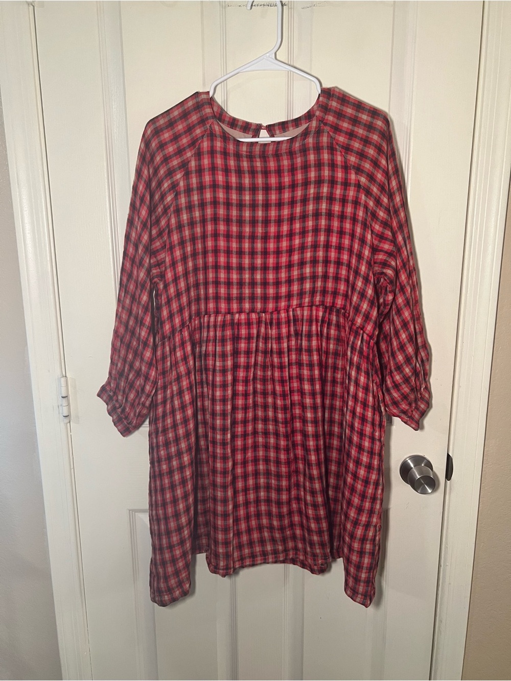 Brass & Roe Red Gingham Babydoll Tunic Dress 100% Cotton Boho Large
